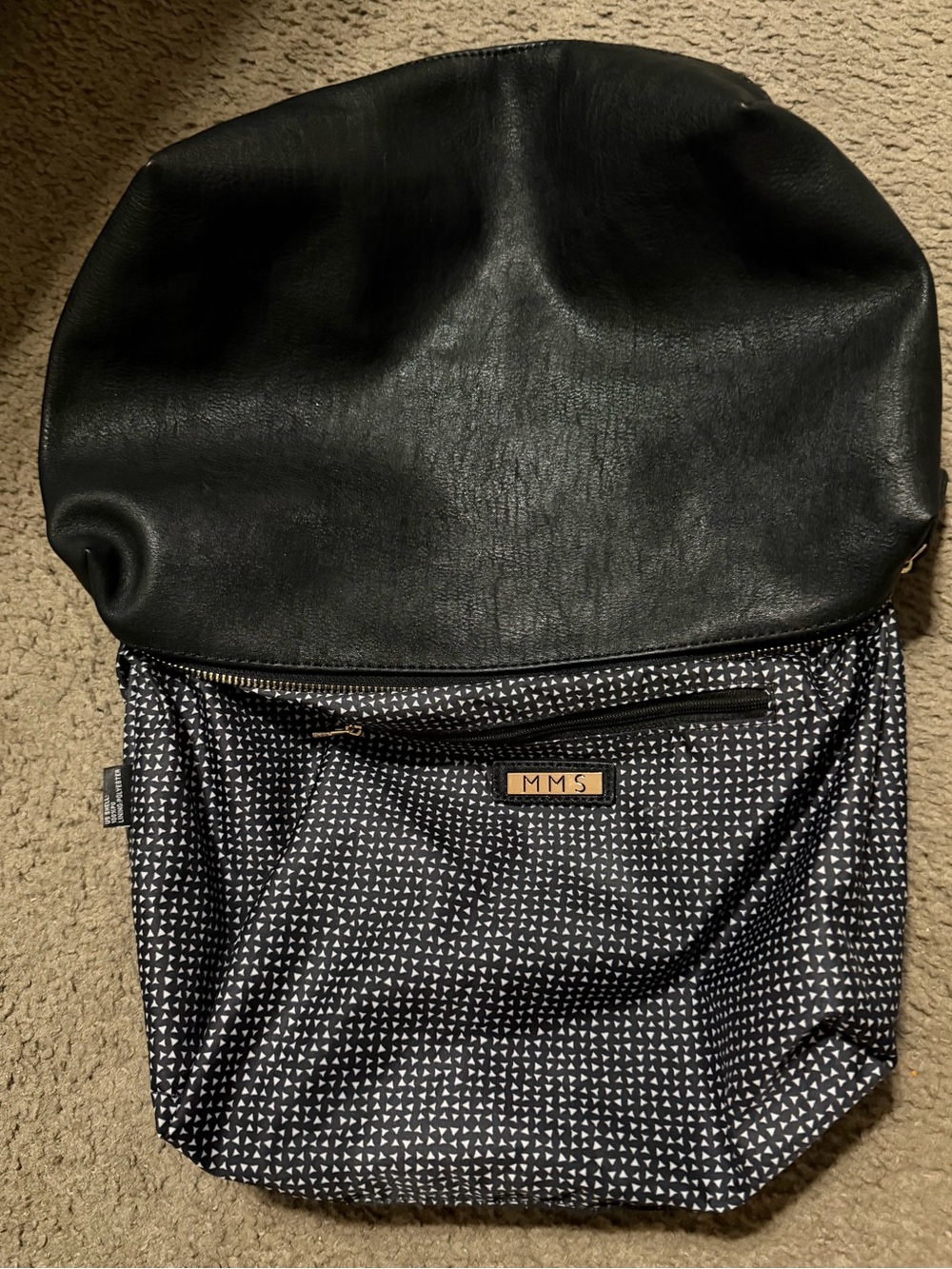 MMS Design Studio Black Faux Leather Top & Patterned Black-and-White Backpack